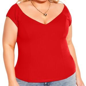 City Chic Top Miss Vintage Limited Edition Red V-Neck Cap Sleeve Size XL‎ 22 NWT